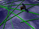 Using one of its three onboard lasers, GLAS precisely measures the time it takes for a pulse of light to travel from the laser to a reflecting object, in this case the Earth’s surface and any intervening clouds, and return to detectors on the satellite. 