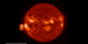 The flare at ejected CME launches from the western limb of the Sun (lower left of image) in this sequence from the SDO/AIA 304 angstrom filter.
